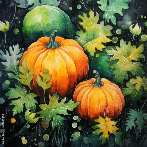 Watercolor  pumpkin  leaves