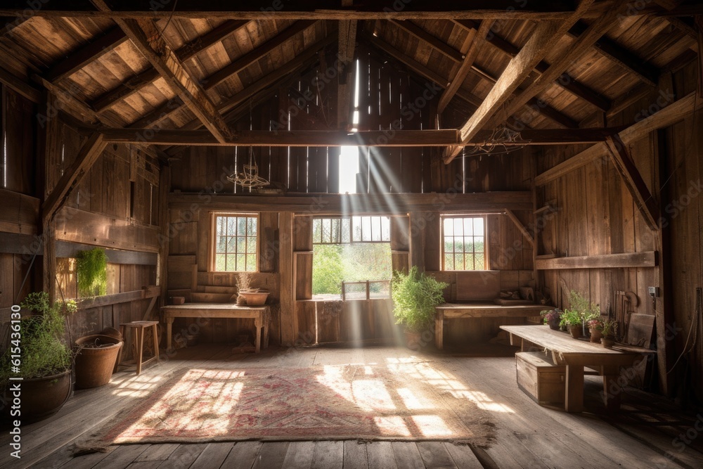 rustic barn with sun shining through the windows, illuminating the interior, created with generative ai