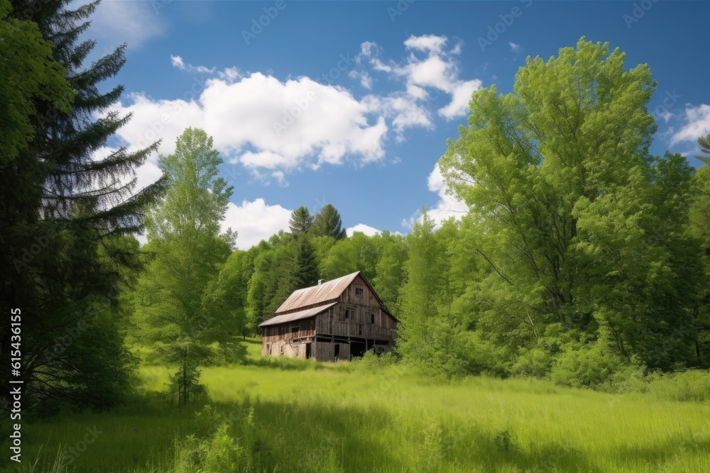 barn surrounded by lush green landscape, with tall trees and clear blue skies, created with generative ai