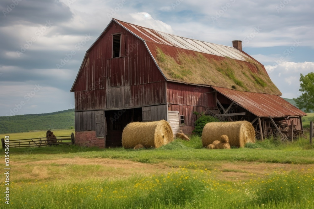 Obraz premium rustic barn with bales of hay and horse in the background, created with generative ai