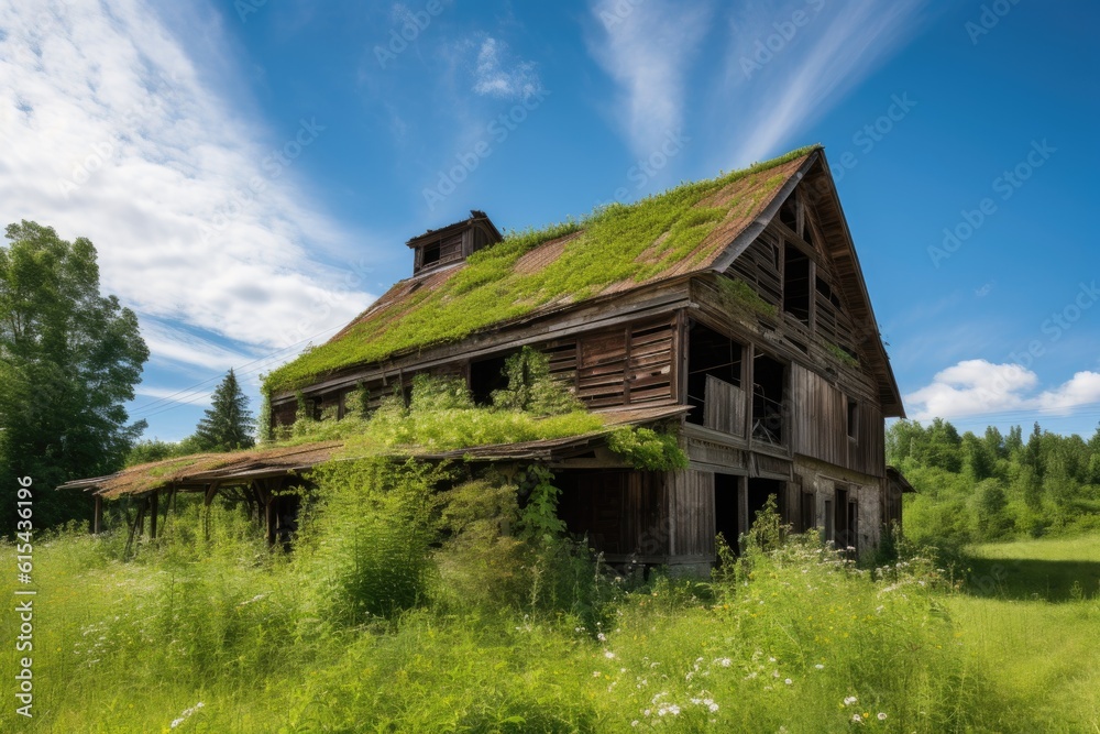 rustic barn surrounded by lush greenery and clear blue sky, created with generative ai