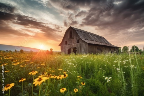 rustic barn surrounded by fields of sunflowers, with dramatic sunset in the background, created with generative ai