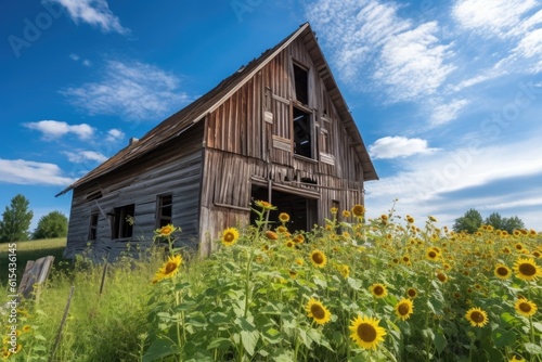 rustic barn with sunflowers and blue skies, created with generative ai