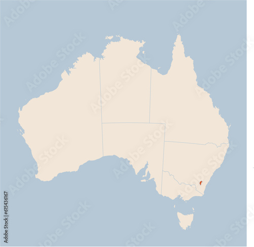 Vector map of the state of Australian Capital Territory highlighted highlighted in orange on a beige colored map of Australia.