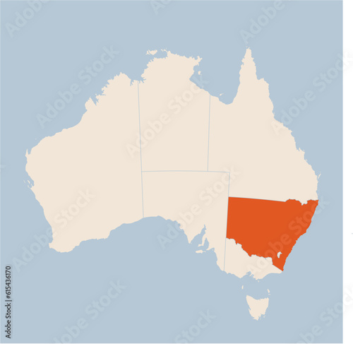 Vector map of the state of New South Wales highlighted highlighted in orange on a beige colored map of Australia.