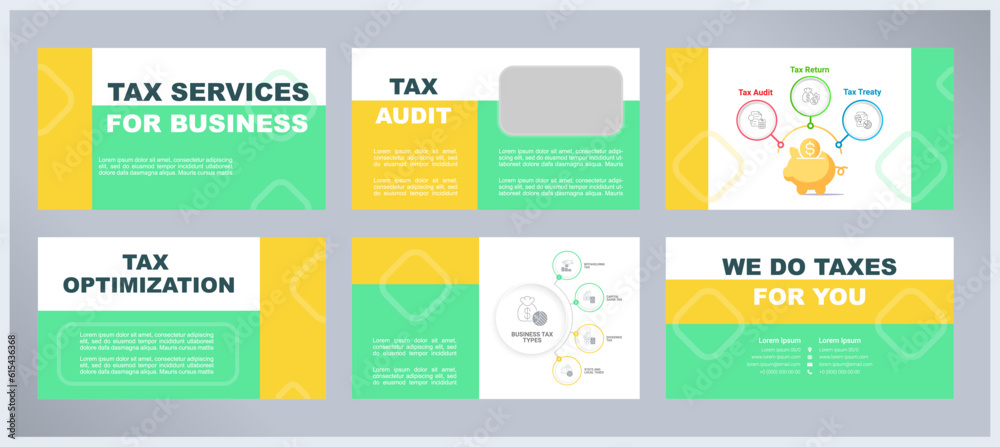 Tax services for business presentation templates set. Financial planning. Deduction optimization. Audit support. Ready made PPT slides on multicolor background. Graphic design. Arial font used