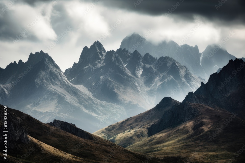 majestic mountain range, with clouds rolling over peaks, created with generative ai