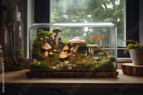 quirky terrarium with moss and mushrooms on wood shelf, created with generative ai © Natalia