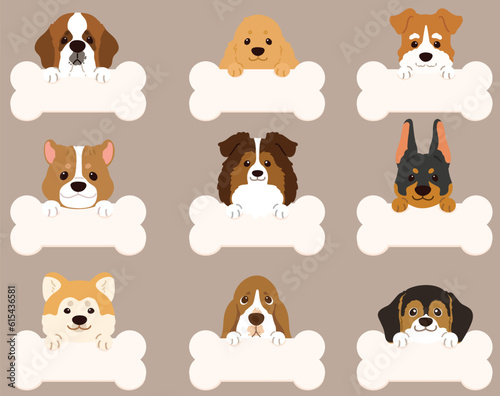 Set of flat colored cute and simple dog heads with front paws holding a bone