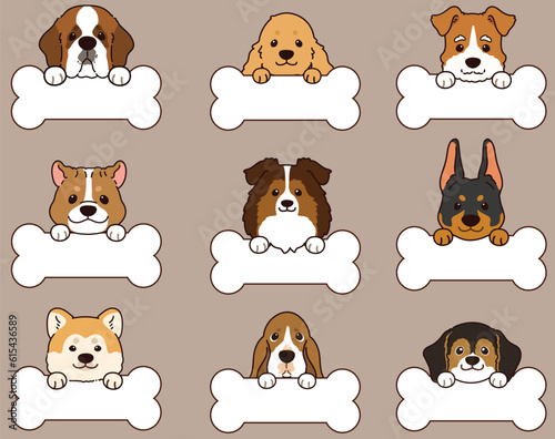 Set of outlined cute and simple dog heads with front paws holding a bone