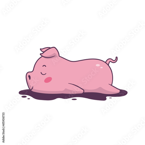 Lazy piglet sleeping in a mud puddle vector cartoon illustration