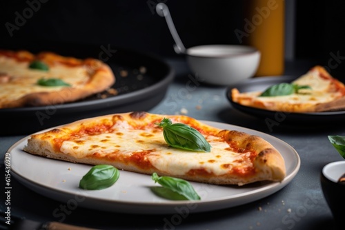 plate of classic cheese pizza with extra-cheese and sliced basil  created with generative ai