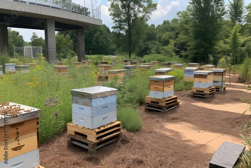 pollinator garden with beekeeping equipment, including hives and honey jars, created with generative ai © Natalia