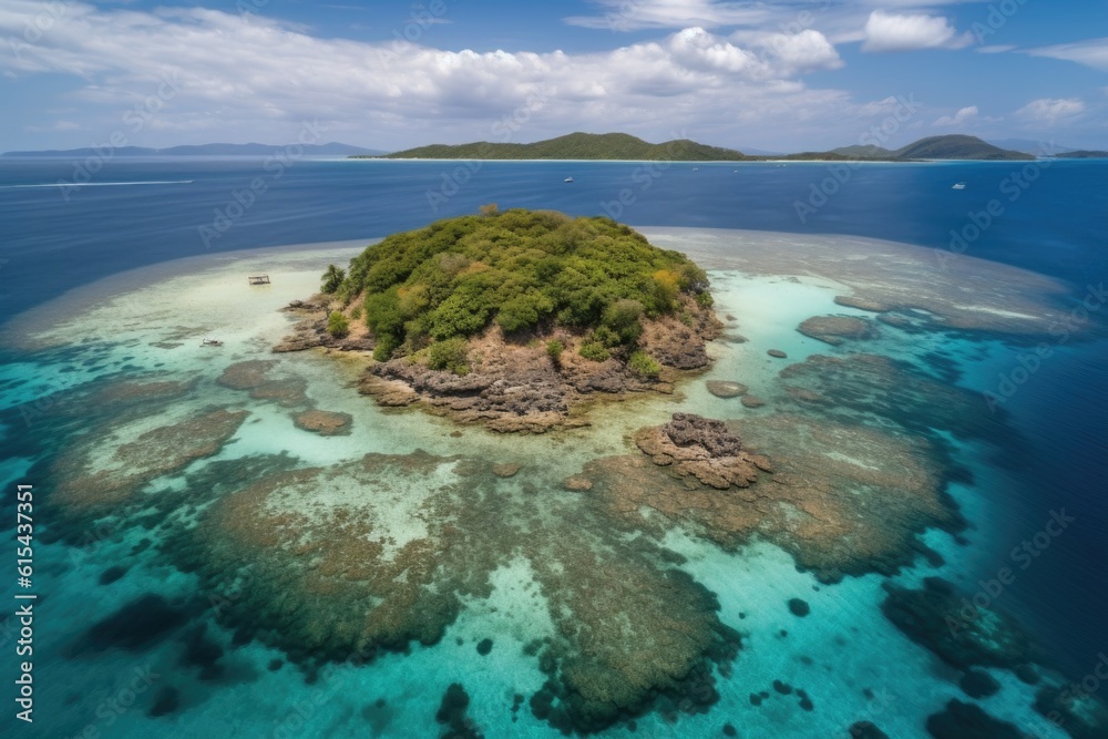 remote island with clear blue water, surrounded by coral reef, created with generative ai