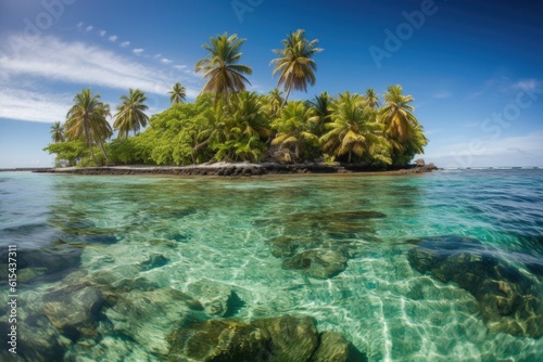 remote island with swaying palm trees and crystal-clear waters  created with generative ai