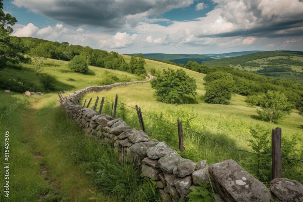 rolling hills with stone wall fence, winding through the landscape, created with generative ai