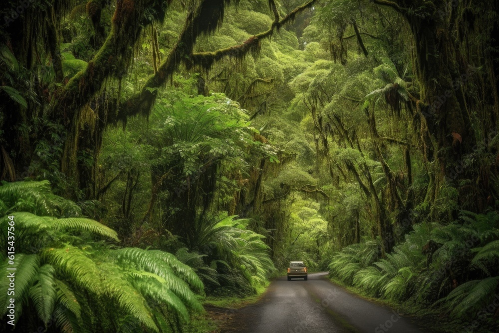 scenic road trip through a lush rainforest, with towering trees and dense foliage, created with generative ai