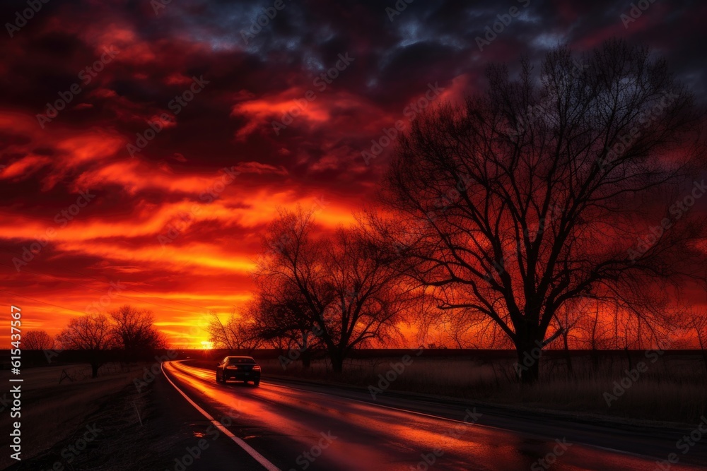scenic road trip at sunset, with fiery skies and silhouetted trees, created with generative ai