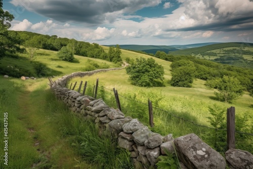 rolling hills with stone wall fence, winding through the landscape, created with generative ai
