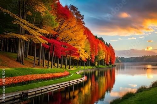 autumn landscape with lake  Generated using AI technology