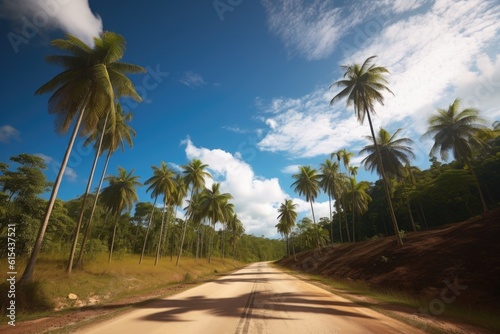 scenic road trip through a tropical paradise, with palm trees and blue skies, created with generative ai © Natalia