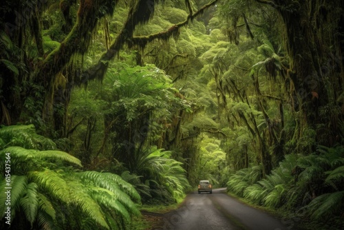 scenic road trip through a lush rainforest, with towering trees and dense foliage, created with generative ai