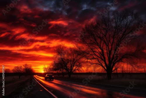 scenic road trip at sunset, with fiery skies and silhouetted trees, created with generative ai