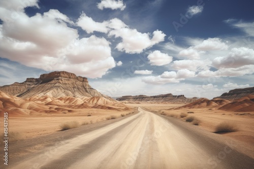 scenic road trip through a desert landscape  with towering sand dunes and dramatic skies  created with generative ai