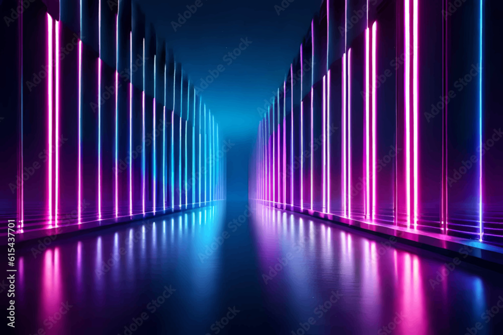 Neon corridor. Vector illustration of a neon scene. Neon background. - obrazy, fototapety, plakaty 