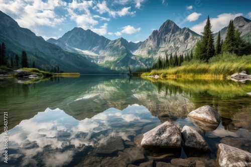 serene lake reflections with towering mountains in the background, created with generative ai