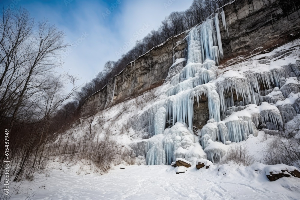 frozen waterfall cascading down the side of a snow-covered peak, created with generative ai frozen waterfall cascading down the side of a snow-covered peak, created with generative ai