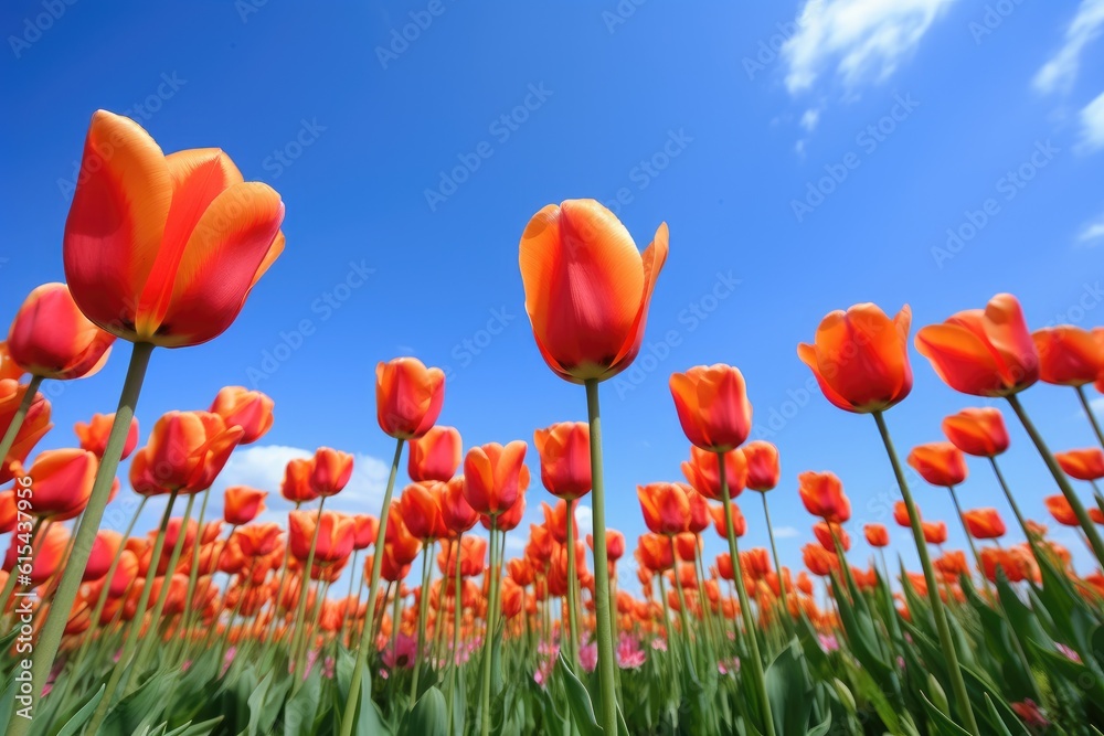 a photo of tulips in a row against an indigo blue sky, created with generative ai