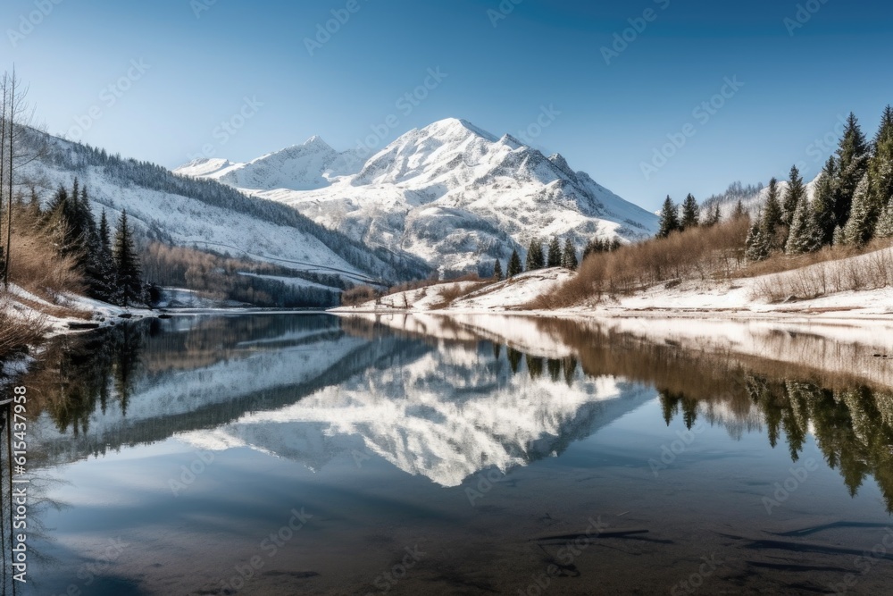 peaceful mountain lake reflecting snow-capped peaks in the distance, created with generative ai