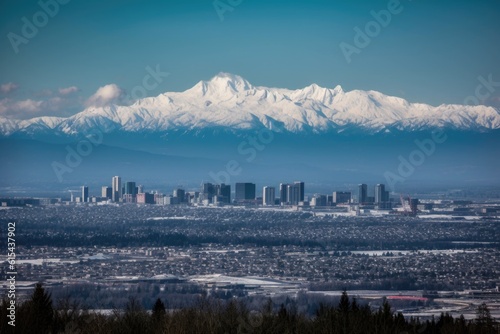 snow-capped mountain in the foreground, with city skyline visible in the distance, created with generative ai