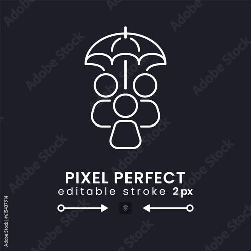 Safety white linear desktop icon on black. Social security. Public assistance program. Medical insurance. Pixel perfect, outline 2px. Isolated user interface symbol for dark theme. Editable stroke