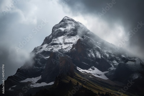 majestic mountain peak, with clouds and snow showers in the sky, created with generative ai
