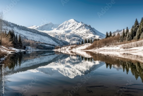 peaceful mountain lake reflecting snow-capped peaks in the distance, created with generative ai