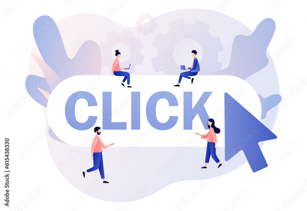 Click here button. Tiny people with huge mouse arrow click. Cursor pointer sign. Internet concept. Modern flat cartoon style. Vector illustration on white background
