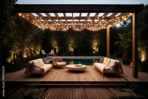 a lavish side outside garden at morning  with a teak hardwood deck and a black pergola. Scene in the evening with couches and lounge chairs by the pool  generative AI  