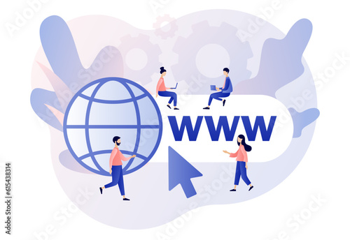 World wide web. Globe internet search concept. Tiny people looking for information on websites. WWW icon. Modern flat cartoon style. Vector illustration on white background