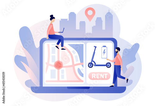 Electric scooter rental online. Ecological transport concept. Urban transportation. Tiny people ridу electric scooter. Modern lifestyle. Modern flat cartoon style. Vector illustration
