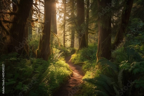 hiking trail winding through magical forest, with sunlight filtering through the trees, created with generative ai