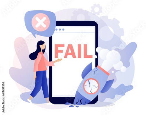 Fail notification on smartphone screen. Crash launching space rocket metaphor failure business start up. Unsuccessful businessman. Modern flat cartoon style. Vector illustration 