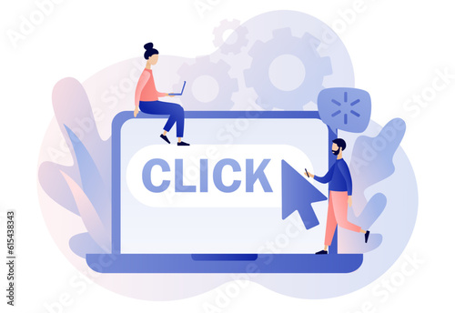 Click here button on laptop screen. Cursor pointer sign. Tiny people with huge mouse arrow click. Internet concept. Modern flat cartoon style. Vector illustration on white background