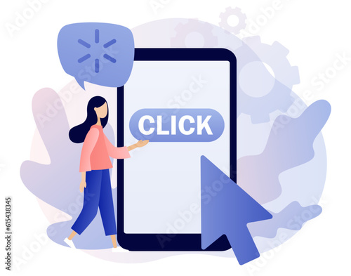 Click here button on smartphone screen. Cursor pointer sign. Tiny people with huge mouse arrow click. Internet concept. Modern flat cartoon style. Vector illustration on white background