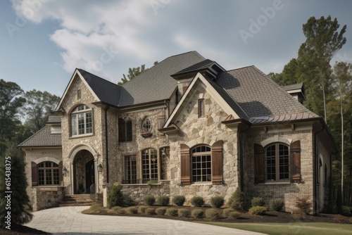 luxury home with custom exterior features, such as stone accents and window treatments, created with generative ai