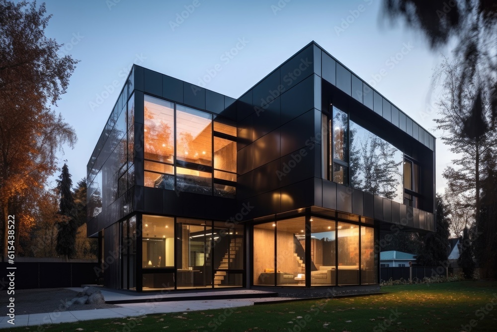 modern house with metal and glass exterior and sleek interior, created with generative ai modern house with metal and glass exterior and sleek interior, created with generative ai