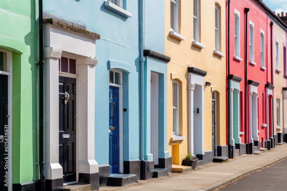 a row of terraced houses with colourful door and window surrounds, created with generative ai