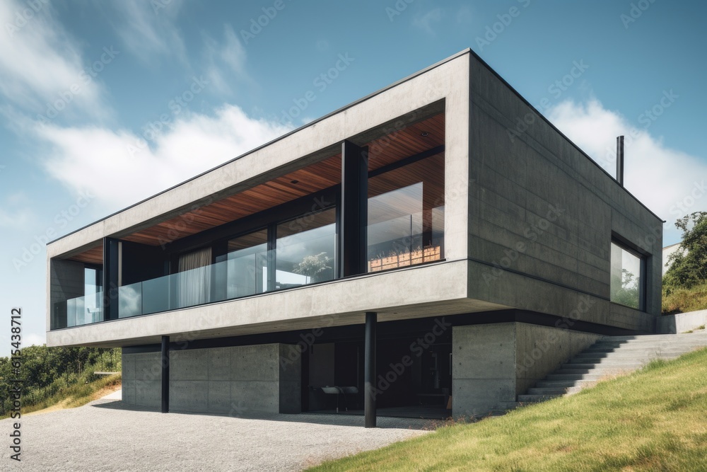 modern house with sleek and minimalist facade, featuring large windows and flat roof, created with generative ai