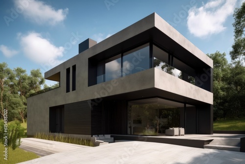 modern house with sleek and minimalist facade, featuring large windows and flat roof, created with generative ai © Natalia